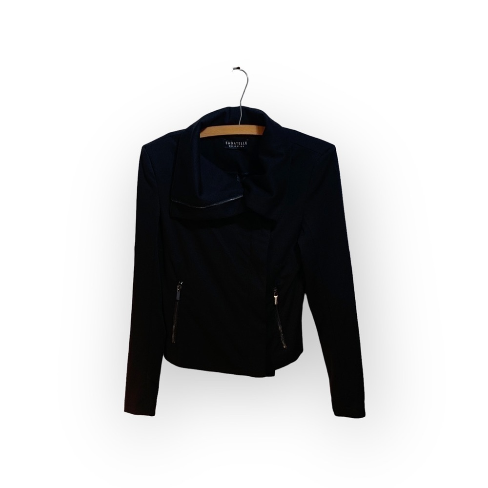 Bagatelle Black Knit Fitted Cropped Moto Jacket Size XS Funnel Neck - Picture 3 of 6